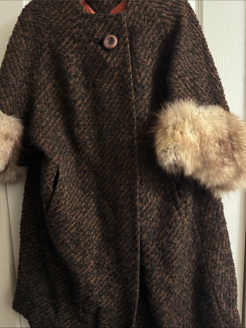 Women's Brown Tweed Cape with Faux Fur Cuffs